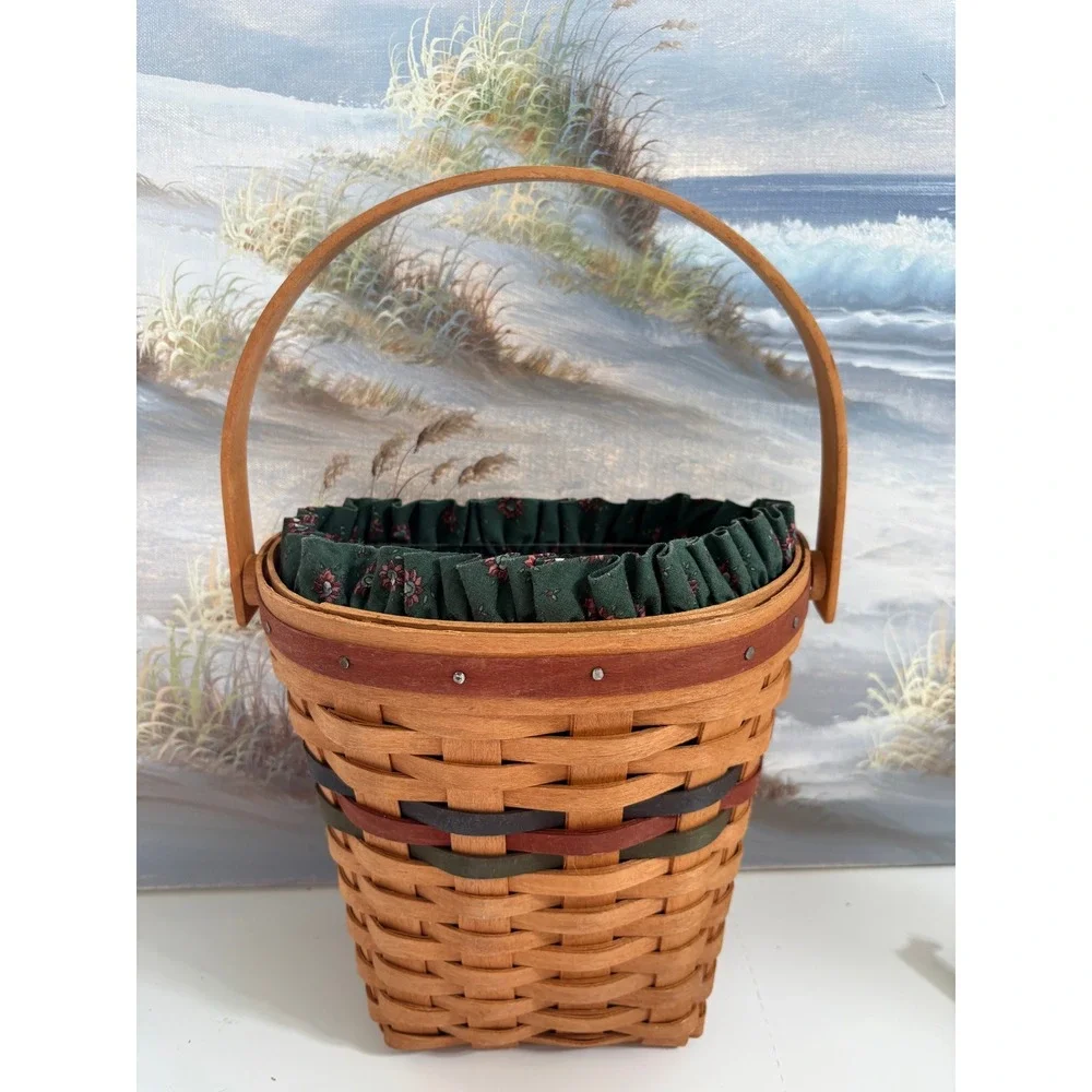 Longaberger 1993 Handwoven Basket Wall Hanging Green Floral Liner Protector
